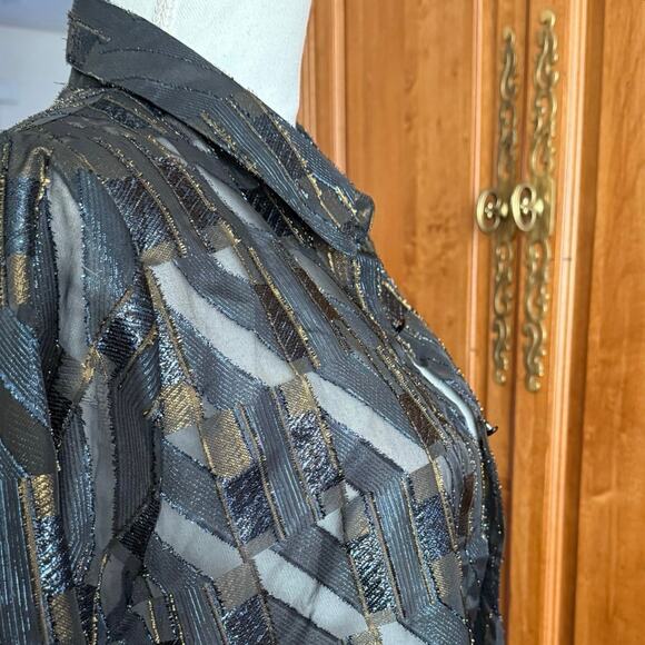 Marina Rinaldi Nero Dettato button down sheer metallic shirt dress maxi tunic L - Picture 12 of 15
